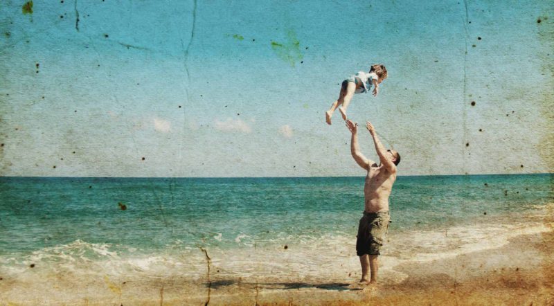 beach-father-son-child-play-learn-summer-relax-holiday-beach-old-memory-vintage